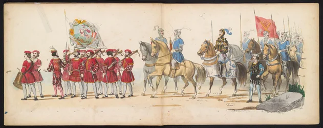 Leidenin opiskelijoiden naamiaiset, 1855 (levy 14) Leidenin opiskelijakunnan jäsenten pukukulkue 12. kesäkuuta 1855 Leidsche Hoogeschool -koulun 280-vuotisjuhlan kunniaksi, ja se kuvaa Kaarle V:n tuloa