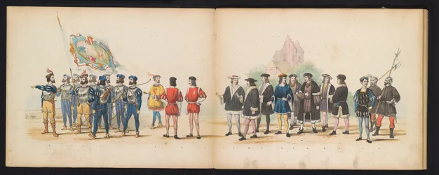Leidenin opiskelijoiden naamiaiset, 1855 (levy 2) Leidenin opiskelijakunnan jäsenten pukukulkue 12. kesäkuuta 1855 Leidsche Hoogeschool -koulun 280-vuotisjuhlan kunniaksi, ja se kuvaa Kaarle V:n tuloa