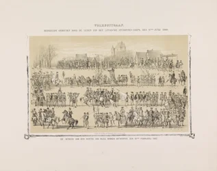 Ihmisten painos. Leydsche Studenten-Corpsin jäsenten naamiaiset 11. kesäkuuta 1860. Anjoun herttuan tulo Antwerpeniin, 19. helmikuuta 1582. (otsikko esineessä)