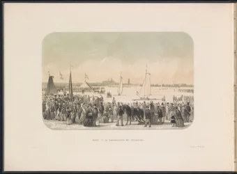 Kilpailu jääpurjeveneistä Maasilla Rotterdamissa, 1855 Näkymä hardsail-juhlille jääveneineen (otsikko esineessä) Jääviihdettä Maasilla Rotterdamissa helmikuussa 1855 kuvatekstein (sarjan nimi esineellä)