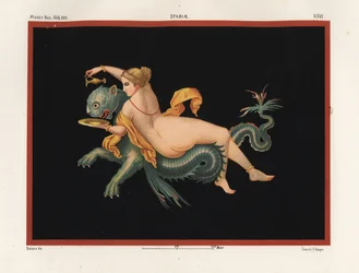 Nereidi, merinymfi, jota kannattelee puoliksi pantteri ja puoliksi kala oleva hirviö. Museo Naz. XXII, Stabiae. Victor Steegerin kromolitografia Geremia Discannon kuvituksen mukaan Emile Presuhnin (1844-1878) teoksesta Pompejin kauneimmat maalaukset