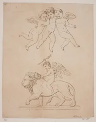 Paneeli kolmella amorilla ja alla amorilla leijonalla