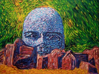 Olmec Head with Rocks, 2022 (öljy kankaalle)