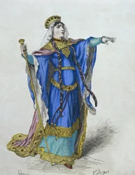 Merovingien kuningatar, kuvitus H. Gourdon de Genouillacin teoksesta Costumes de Paris a travers les siecles, kaiverrus Stablo (1800-luku) (värikaiverrus)
