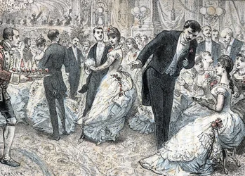 Yhteiskunta ja sosiaalinen elämä: pallo noin 1880 (High Society and social life: the ball) kaiverrus Rengaden "" Elämän tarpeet" -kirjoituksesta