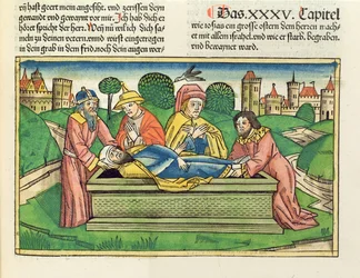 2 Chronicles 35 24 Josian hautaaminen, Nürnbergin Raamatusta (Biblia Sacra Germanaica) (värillinen puupiirros)