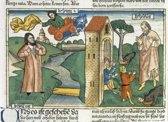 2 Kings 2 1-24 Elia nousee taivaaseen pyörteessä ja karhut syövät Elisaa pilkkasivat pojat, Nürnbergin Raamatusta (Biblia Sacra Germanaica) (värillinen puupiirros)
