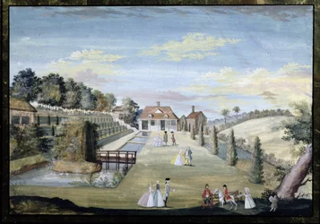 Muodollinen vesipuutarha, jossa on terassit, vesiparterreja ja paraatihahmoja, n. 1730