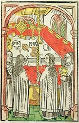Kreikan ortodoksinen messu Konstanzin kirkolliskokouksessa vuonna 1415, kuva Ulrich Richentalin (1378-1437) Konstanzin kirkolliskokouksen kronikasta 1483 (värillinen puupiirros)