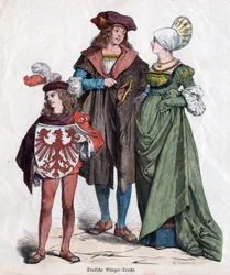Porvarillinen perhe. XVI. vuosisadan saksalaiset puvut "Munchener Bilderbogenista", Saksa, n. 1880 (kaiverrus)
