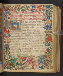 Eläinten ja putton asuttama täysi raja, Add. MS 24153, f.54r (muste ja väri pergamentilla).