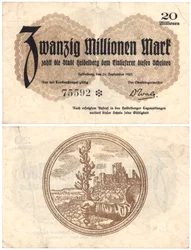 Kahdenkymmenen miljoonan markan seteli, 1923 (recto ja verso)