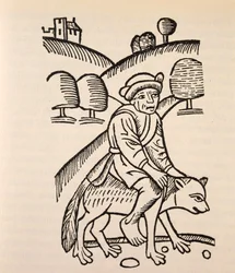 Velho vuohen selässä, kuvitus Ulrich Molitorin teoksesta "Of Witches and Diviner Women"