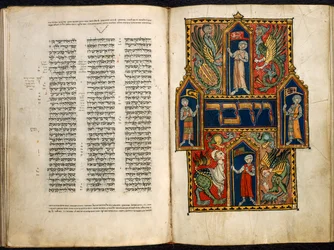 Lisätä. 15282 fol.179v-180 Koristeltu Numeroiden kirjan ensimmäinen sana, "Sussexin herttua saksalaiselta Pentateuchilta", n. 1300 (vellum)
