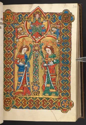 Lisätä. 60629, f.34 Kristus ja enkelit kruunaavat kaksi luostaripyhimystä (vellum)