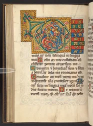 Lisätä. 60629, f.43v Suuret kehystetyt alkukirjaimet kullalla ja väreillä lehtivihreällä ja joskus zoomorfisella ja antropomorfisella ornamentilla (vellum)