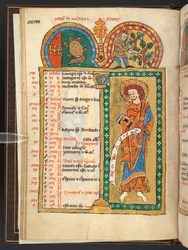 Lisätä. 60629, f.5v Lokakuu. 12 kalenterisivua kullalla ja väreillä, arkkitehtonisilla kehyksillä jokaisessa horoskooppimerkki, apostoli ja kuukauden työ.  Psalteri. Valaistu psalteri kalenterilla, lauluilla ja litanialla nunnalle
