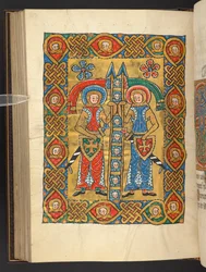 Lisätä. 60629, f.84v Kaksi sotilaspyhimystä toisten pään kanssa (vellum)