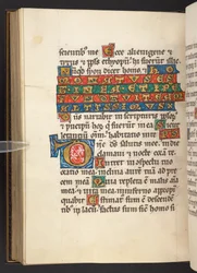 Lisätä. 60629, f.90v Alkukirjain ja teksti (vellum)