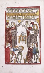 Apteekkarit ja juomat, kaksi poikaa taistelevat etualalla, 1491