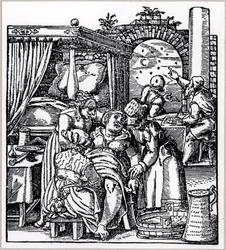 Astrologit laativat horoskoopin synnytystuolissa istuvan naisen syntyvälle lapselle, Jacob Rueffin teoksesta De Conceptu et Generatione Hominis, julkaistu Frankfurtissa, 1587