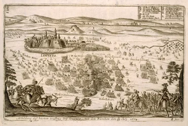 Taistelu lähellä Levicen kaupunkia vuonna 1664, Paul Furstin (n. 1605–1666) kaiverrettu kuva kirjasta ottomaanien sotatoimista Euroopassa