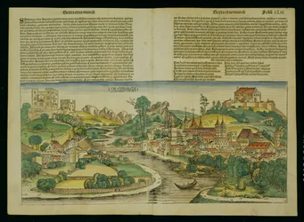Salzburgin lintuperspektiivikuva Hartmann Schedelin (1440-1514) Nürnbergin kronikasta 1493