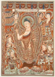 Luolamaalaus, joka esittää Buddha Simhan palvontaa, pubi. C1913.