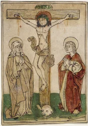 Kristus ristillä Marian ja Pyhän Johanneksen kanssa, n. 1470-80 (käsinvärinen puupiirros pergamentille)