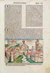Niniven kaupunki Hartmann Schedelin (1440-1514) teoksesta Liber Chronicarum 1493 (värillinen puupiirros)