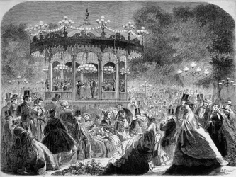 Konsertti Champs-Elysées-musiikkikioskissa, saksalainen kaiverrus v. 1861.