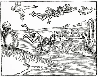 Daedalus, joka pakenee Kreetalta poikansa Ikaruksen kanssa, näkee hänen putoavan kuoliaaksi, 1493 (puupiirros)