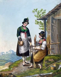 Meijerit Alpeilla lähellä Tegernseetä, 1800-luvun alku (värikaiverrus)