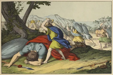 David ja Goljat, kuvitus LAncien Testamentista, julkaisija Jakob Ferdinand Schreiber, Esslingen (värikaiverrus)