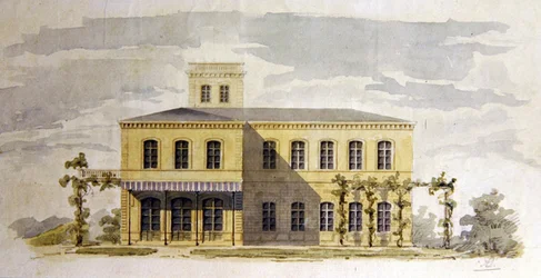 Suunnittelu italialaiseen klassiseen huvilaan, n. 1850 (akvarelli kynällä ja musteella paperille)