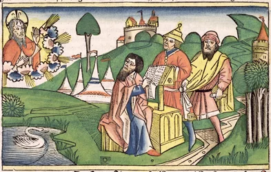 Mooseksen kirja: Etutaulu, jossa Jumala säätää lait, Nürnbergin Raamatusta (Biblia Sacra Germanaica) (värillinen puupiirros)