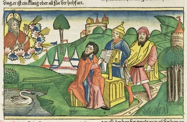 Mooseksen kirja: Etutaulu, jossa Jumala säätää lait, Nürnbergin Raamatusta (Biblia Sacra Germanaica) (värillinen puupiirros)