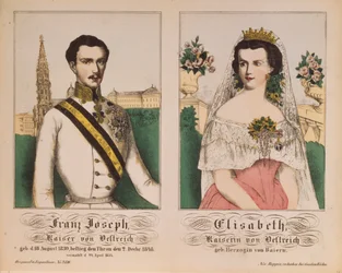 Kaksoismuotokuva Itävallan keisarista Franz Joseph I:stä ja keisarinna Elisabetista Neuruppiner Bilderbogenista, 1854
