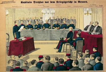 Dreyfusin tapaus: oikeudenkäynti kapteeni Dreyfusin (1859-1923) tarkistuksessa. Kuva saksalaisesta lehdistöstä