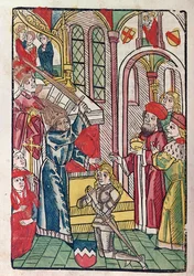 Luxemburgin keisari Sigismund (1367-1437) kutsuu ritariksi (värillinen puupiirros)
