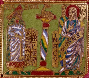 Profeettoja Aaronia ja Moosesta esittävä emalilaatta. Reininmaan koulukunta. 1100-luku. Firenze, Museo Nazionale del Bargello
