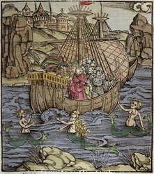 Eneide de Virgil (70 eKr.-19 eKr.), Troijan sankari Enee ja hänen toverinsa ylittävät meren, joka on täynnä sireeniä. Ksylografia Sebastian Brant (1458-1521). Strasbourg