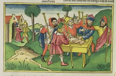 Exodus 12 Ensimmäinen pääsiäinen, Nürnbergin Raamatusta (Biblia Sacra Germanaica) (värillinen puupiirros)