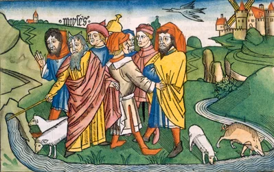 Mooseksen kirja 17 1-7 Mooses saa veden virtaamaan Haarebin kallioilta, Nürnbergin Raamatusta (Biblia Sacra Germanaica) (värillinen puupiirros)