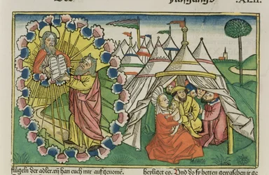 Mooseksen kirja 20 1-5 Mooses saa kymmenen käskyä, Nürnbergin Raamatusta (Biblia Sacra Germanaica) (värillinen puupiirros)