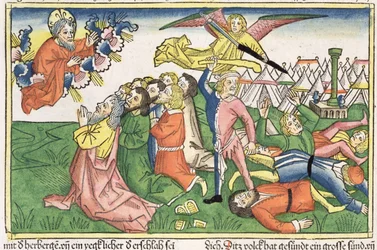2. Moos. 32 15-23 Mooses murtaa kivitauluja, Nürnbergin Raamatusta (Biblia Sacra Germanaica) (värillinen puupiirros)