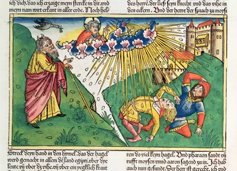 2. Moos. 9 13-35 Egyptin seitsemän vitsausta: Mooses ja rakeiden ja salaman vitsaus, Nürnbergin Raamatusta (Biblia Sacra Germanaica) (värillinen puupiirros)