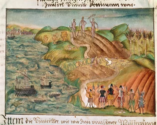 Retkikunta laskeutuu Venezuelaan Coelerin perheen muistelmista, elämäkerrallisista muistiinpanoista ja runoista, n. 1560-1632 (akvarelli paperille)
