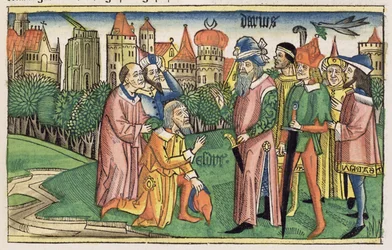Ezra 6 16 Kuningas Dareios vihkii Jerusalemin temppelin Nürnbergin Raamatusta (Biblia Sacra Germanaica) (värillinen puupiirros)