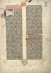 Ensimmäinen sivu Gutenbergin latinankielisestä Raamatusta (Vulgata), joka valmistettiin Mainzissa 1452 - 1454. Alku pyhän Hieronymuksen kirjeestä pappi Paulinukselle, jossa käsitellään kaikkia Pyhän kirjan kirjoja.
